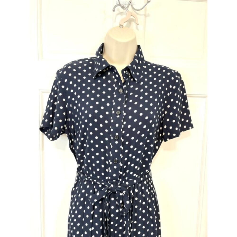 Orvis Polka Dot Midi Shirt Dress Size 6 Navy Blue Rayon Button Front Pockets - Picture 3 of 13
